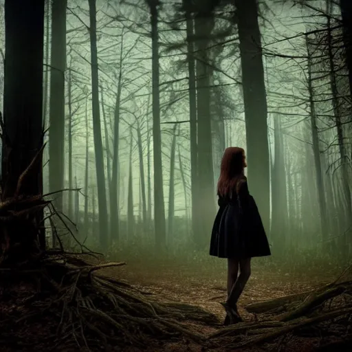 Prompt: A young woman stands in the middle of a dark and eerie forest, her heart racing as she hears the sound of twigs snapping, leaves rustling, and something watching her from the shadows.