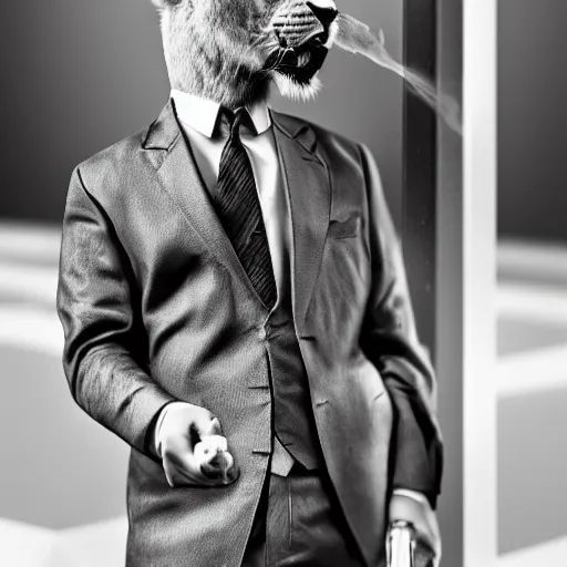 Image similar to a lion smoking a cigar wearing a suit, subject= lion, subject detail: wearing a suit, subject action: smoking a cigar, dramatic lighting, cinematic lighting, establishing shot, photorealistic, high details, cinematic, 8k resolution, extremly detailed, photorealistic, artstation, unreal engine