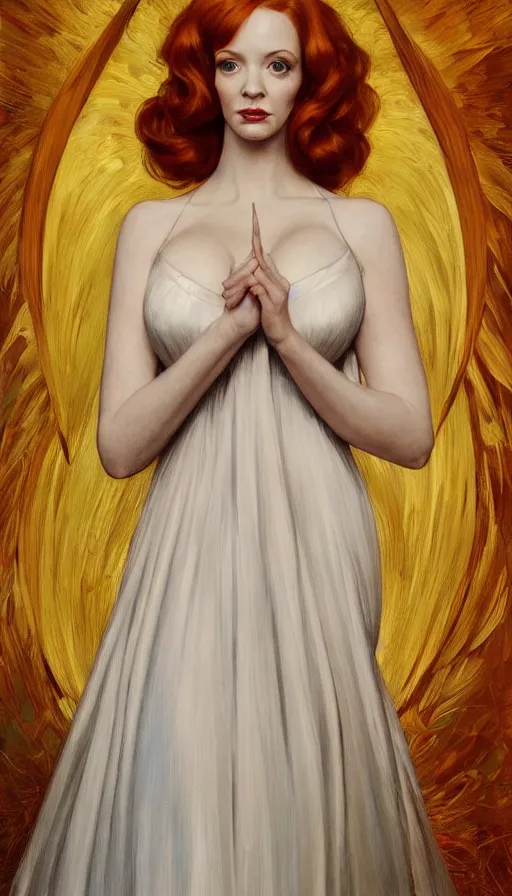 Image similar to Angel, perfectly-centered-painting of young Christina Hendricks in Mad Men in a bride dress, sweaty, dynamic action pose, insane, intricate, highly detailed, digital painting, artstation, concept art, smooth, sharp focus, illustration, Unreal Engine 5, 8K, art by artgerm and greg rutkowski and alphonse mucha