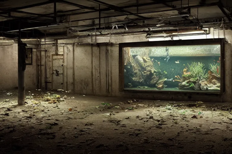 Image similar to national geographic photo of aquarium in dimly lit abandoned industrial room