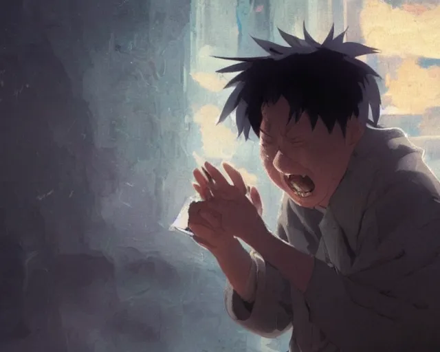 Prompt: a 50 year old brunnete chinese man with puffy cheeks bursting in tears on the floor, close up shot, anime art, Greg Rutkowski, studio ghibli, dramatic lighting