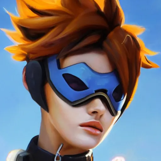 prompthunt: oil painting of tracer overwatch in a field wearing large  leather belt choker around neck, in style of mark arian, expressive face,  detailed face, detailed eyes, full body, feminine face, tracer