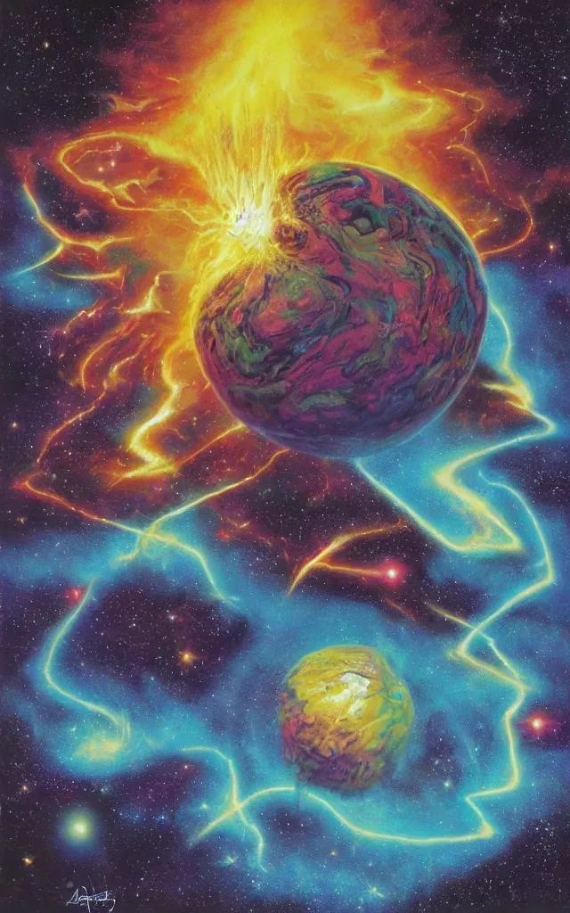 Image similar to planet earth crust destroyed by a meteor and light flare in style of biblical representations, colorful airbrush fantasy 80s, masterpiece album cover