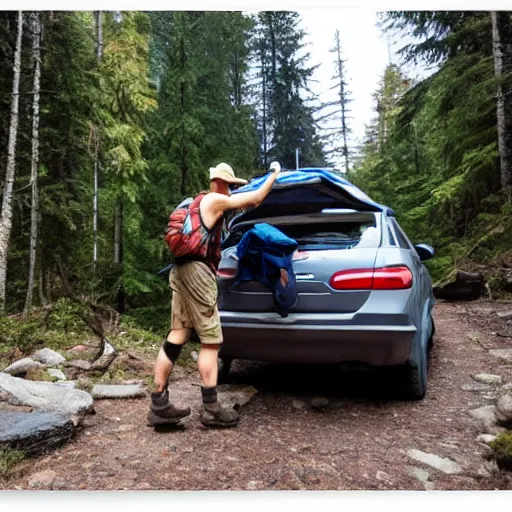 Image similar to hiker unloading the car before camping, style by roman shipunov