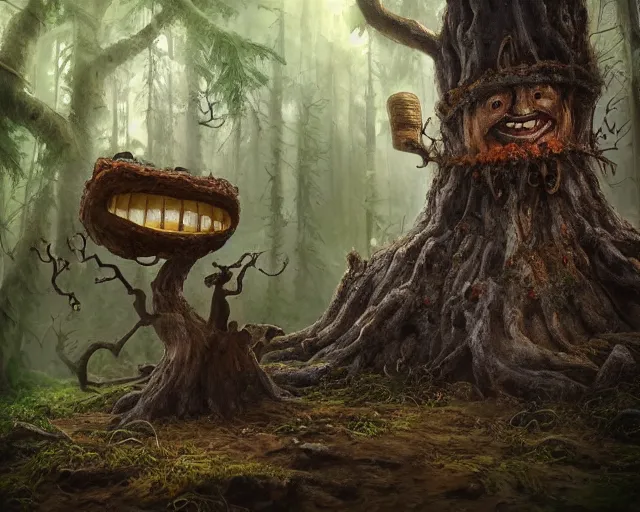 Prompt: a talking tree, a smiling face in the bark, nose made of wood, mouth in the bark, eyes in the bark, fantasy concept art, fantasy oil painting, hyperrealistic, magical, highly detailed, artstation, cgsociety, in the forest