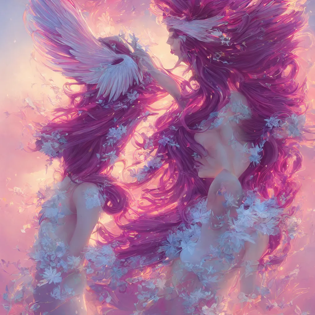 Prompt: a colorful and provenance illustrations painting of the fantasy angel flying with floral wings, highly detailed, her hair made of hair made of air wind and curling smoke and mist, the wings made of flowers, spirit fantasy concept art, art by aenami, alena, afshar, petros and leonid, trending on artstation.