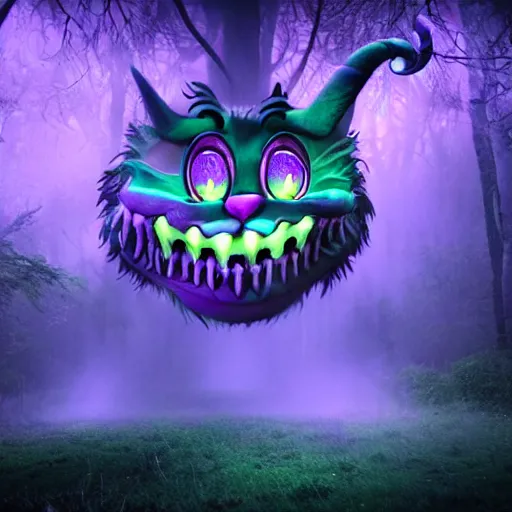 Image similar to demonic cheshire cat in a neon purple forest, horror, scary, realist, cryengine, hdr