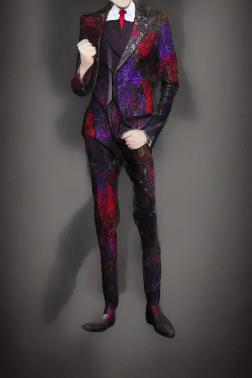 Image similar to hyper realistic male macabre gothic powersuit dapper look artwork of high - end haute couture bespoke with leather fashion by ali sabet, lisa frank & sho murase