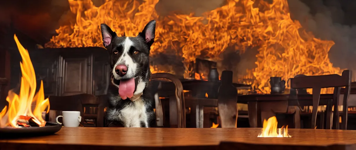 Image similar to a photograph (flash on) of a relaxed anthropomorphic dog sitting on a wooden chair at a table (no fire at all there), surrounded by flames, there is a full cup of coffee on the table, huge fire on this dining room in the background, a lot of flames behind the dog, black smoke instead of the ceiling, no watermark