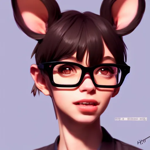 Prompt: character design portrait of an anthropomorphic furry rat girl with rat ears and a slight smile, looking at the camera, wearing normal - sized glasses, 4 k, concept art, by wlop, ilya kuvshinov, artgerm, krenz cushart, pixiv.