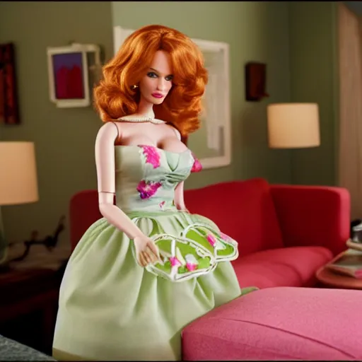 Image similar to amazing beautiful Christina Hendricks barbie doll in the living room, film still from the movie directed by Denis Villeneuve , wide lens