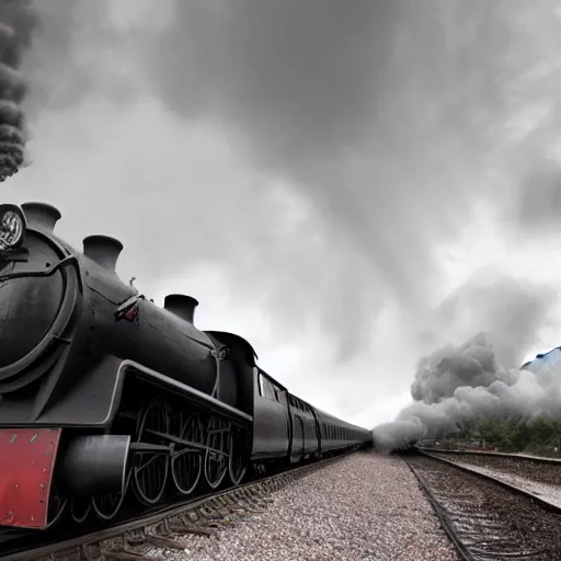 Prompt: the hogwarts express jacobite steam train, the train is coming at the camera, behind the train is a epicly lit cloud, loads of steam, dramatic light, night scene, greg rutkowski, zabrocki, karlkka, jayison devadas, trending on artstation, 8 k, ultra wide angle, zenith view, pincushion lens effect