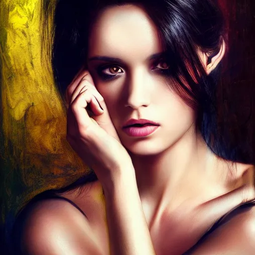 Prompt: photo portrait of very beautiful woman, black hair, photo by raymond swanland, high fashion, androgyn beauty, intricate detail, elegance, soft lighting, vibrant colors, masterpiece