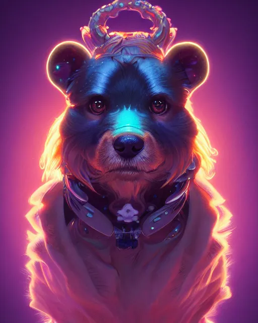 Image similar to one singular portrait of a cute bioluminescent dog-man, highly detailed, digital painting, cinematic, hyper realism, dark retrowave, art by Stanley Lau and Artgerm and magali villeneuve and Alphonse Mucha, artstation, octane render, cgsociety