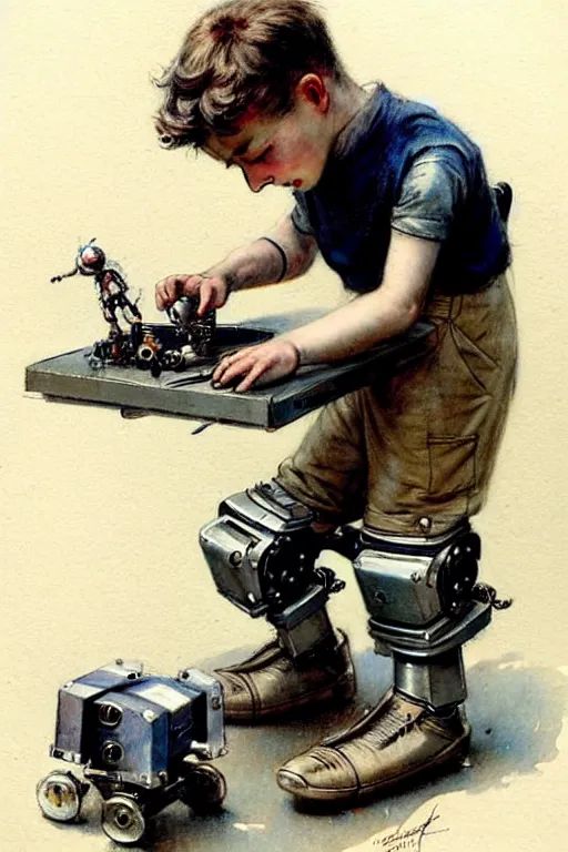 Image similar to (((((1950s a boy working on his robot . muted colors.))))) by Jean-Baptiste Monge !!!!!!!!!!!!!!!!!!!!!!!!!!!