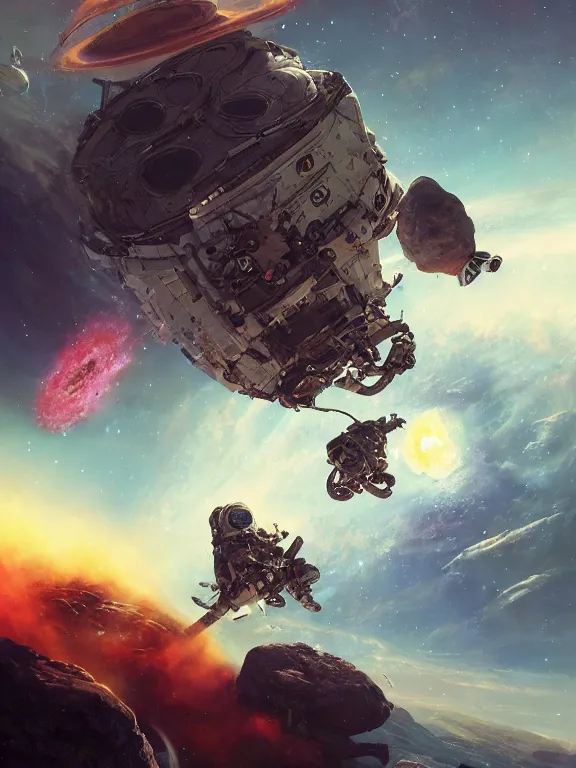 Prompt: photo of 8k ultra realistic astronaut riding an asteroids, nasa, clear sky, full of colour, cinematic lighting, battered, trending on artstation, 4k, hyperrealistic, focused, extreme details,unreal engine 5, cinematic, masterpiece, art by Peter Mohrbacher