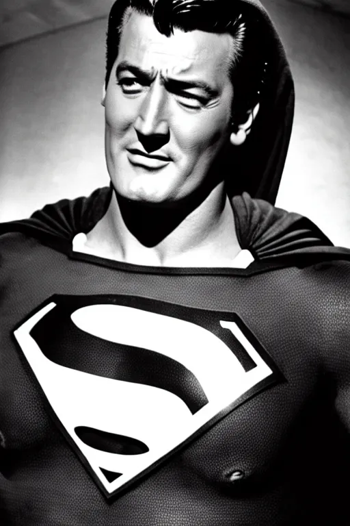 Image similar to rock hudson playing superman in, superhero, dynamic, 3 5 mm lens, heroic, studio lighting