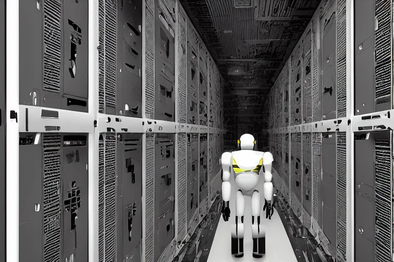 Image similar to parallax datacenter server room single mono colossus white rusty android robodroid in artstation cinematic detailed