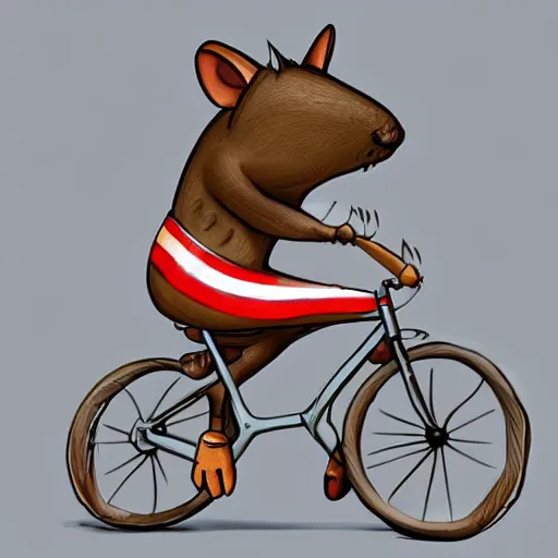 Prompt: digital painting of a cartoonish rat riding a bike made of swiss cheese, greg rutowski, artstation