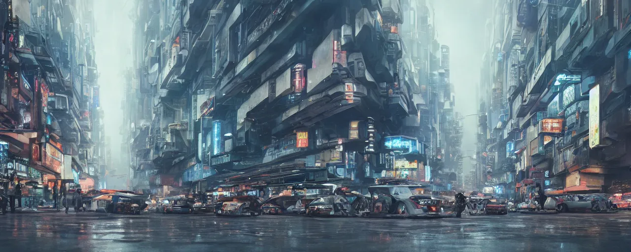 Image similar to close up ground level view of a futuristic bladerunner building and sidewalk busy with activity with of signages and billboards street venders and carts aliens and people with a floating cars on the streets by craig mullins, neil blevins, dylan cole, james paick, hyper realistic, night, environment fog, cinematic lighting, 8 k, vray render, artstation, deviantart,