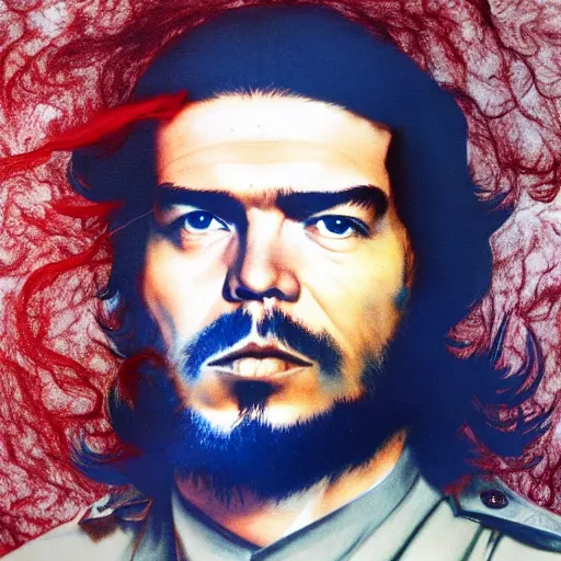 Prompt: colour masterpiece surreal closeup portrait photography of che guevara by miho hirano and annie leibovitz and michael cheval, red and white smoke background, 8 k