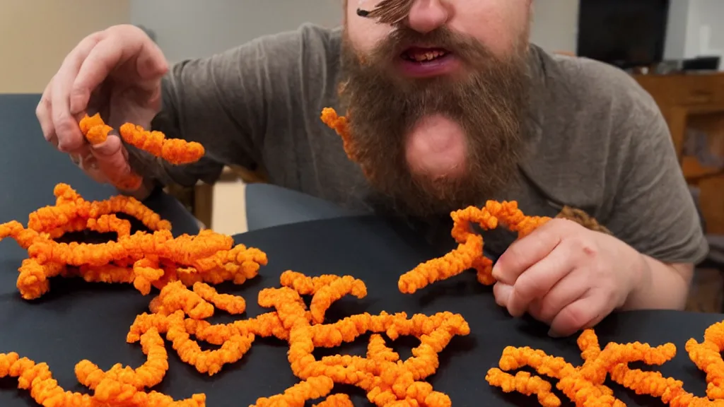Prompt: neckbeard eating cheetos playing world of world craft, carpel tunnel