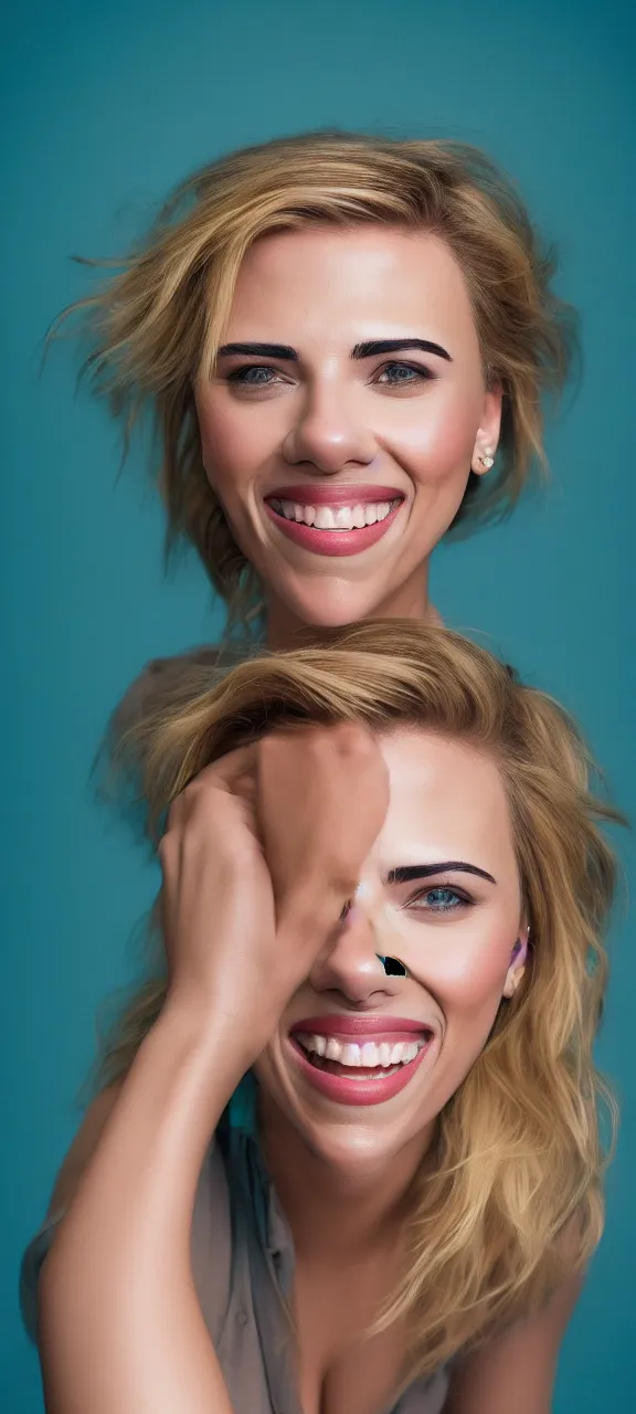 Image similar to portrait photo of smiling woman, photo of Scarlett Johansson:: symmetric face, symmetric eyes, slight smile, photo by Annie Leibovitz, 85mm, teal studio backdrop, Getty images