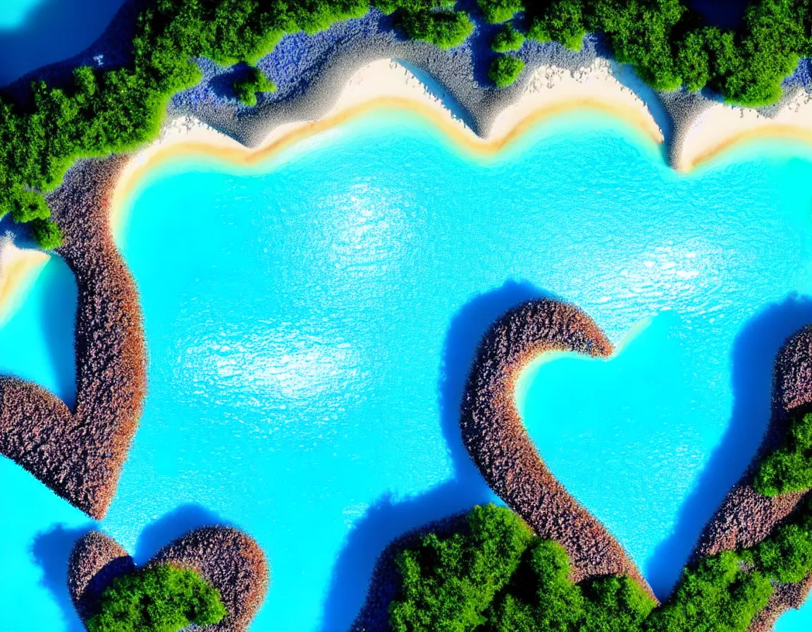 Prompt: closeup shot photo of ultra realistic blue lagoon with exotic tree heart / shaped sandy beach island, sunset lighting