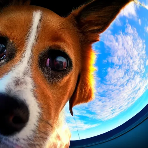 Image similar to Selfie of a dog, first-person view, fisheye lens!!!!!!, photorealistic imagery, trending on artstation, 4k, 8k