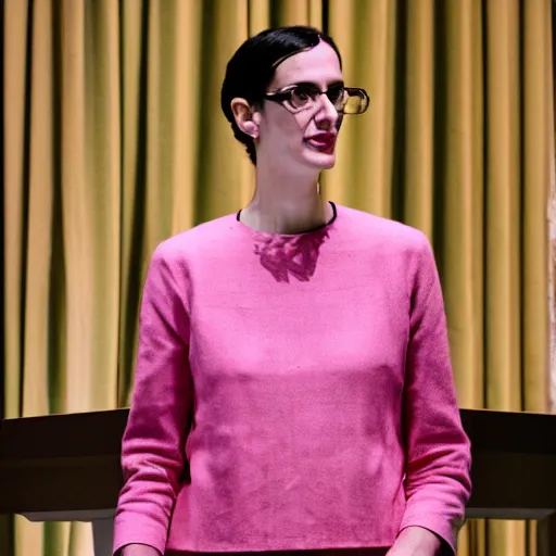 Image similar to architectural curator beatrice galilee wearing a breton top presenting at a lectern in front of pink curtains, 8 k photorealistic