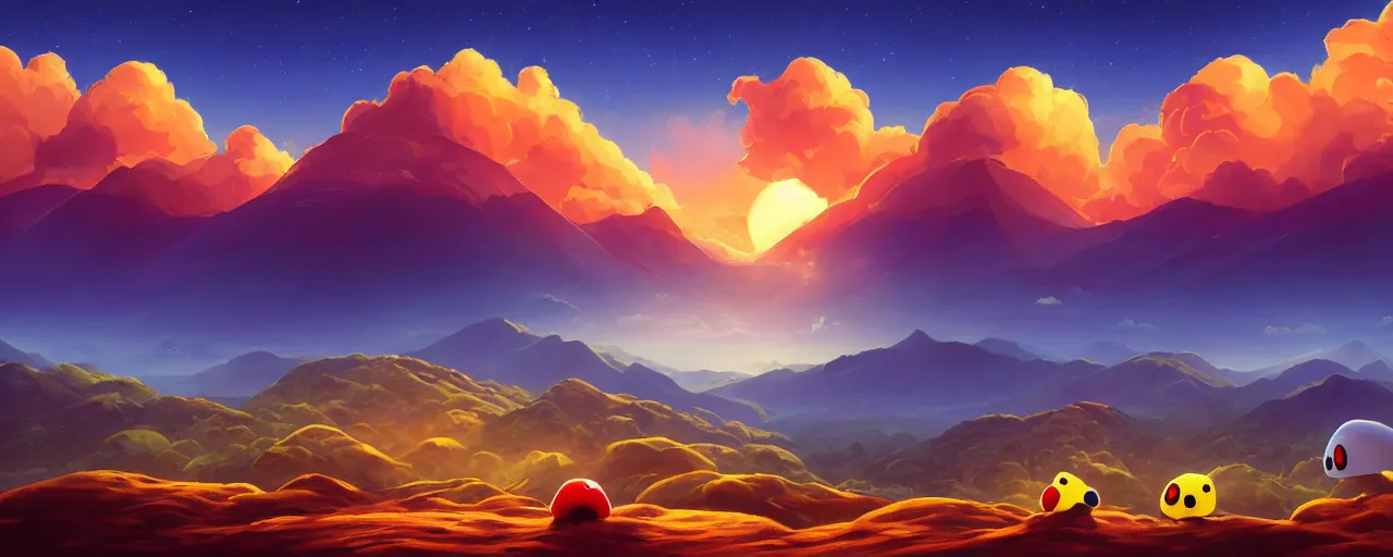 Image similar to detailed round pacman, with ghosts, in a beautiful nature landscape with clouds, mountains, in background, sunset, by rhads, round pacman, detailed, coherent