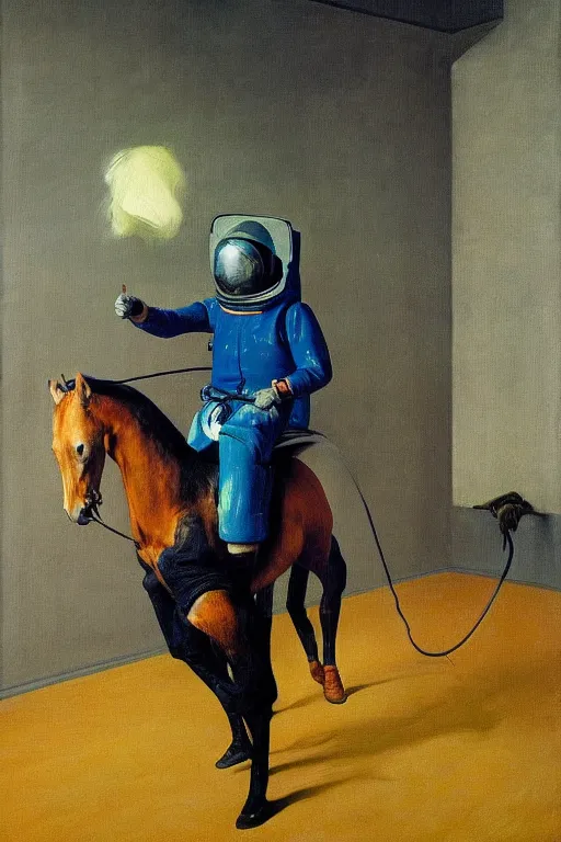 Prompt: a man dressed a horse riding, horse dressed astronaut, hauntingly surreal, highly detailed painting by francis bacon, edward hopper, adrian ghenie, gerhard richter, and james jean soft light 4 k,