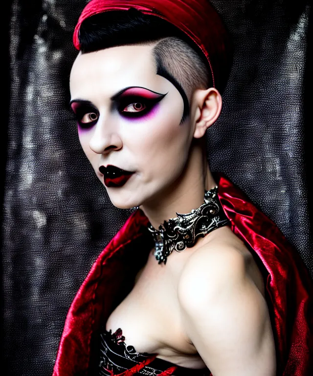 Prompt: surreal highly detailed photo portrait of a beautiful female vampire, short black pixie cut with shaved sides hair, depressing hopeless horrific vibe, 150 mm lens, soft rim light, bold ornate crimson robes with silver lace trim, pronounced facial contouring, sly expression, pale skin, dark studio background, Alexander McQueen, high fashion, haute couture, rococo, anatomical, elegant, hyper realistic, octane render, unreal engine 5, art by Dora Maar and P. Craig Russell and Barry Windsor-Smith, hints of Dan Hillier and H. R. Giger, volumetric lighting, 8k, vibrant high contrast coloring, Art Nouveau, masterpiece, intricate, ethereal