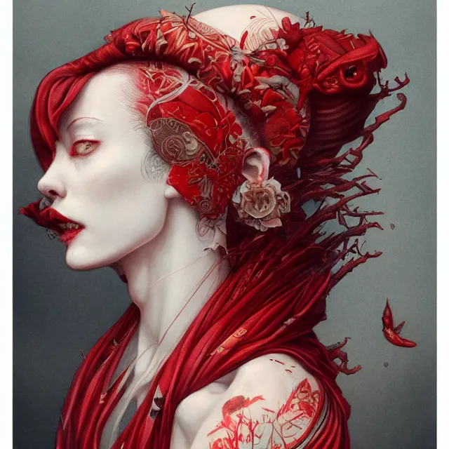 Image similar to ultra realistic illustration, beautiful woman dressed in red kimono, backview, tattoos, in the style of peter mohrbacher by weta digital and beth cavener, high face symmetry, intricate, masterpiece, award winning, high face symmetry, intricate