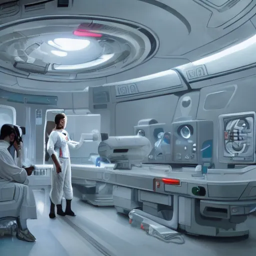 Prompt: a space woman in a white nurse uniform examinating an alien in a space station hospital, Matte painting , detailed painting, greg rutkowski