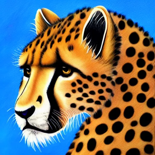 Image similar to profile view of cute fluffy cheetah cub with long colorful flowing lion mane blowing in the wind with mohawk top hairstyle hybrid animal detailed painting 4 k