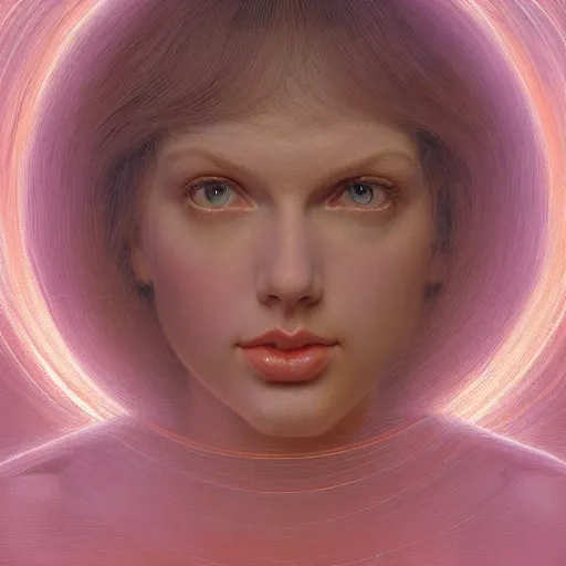 Image similar to Woman masterpiece, portrait, Taylor Swift, pink, golden halo behind her head, wires everywhere, by Edgar Maxence and Ross Tran, Zdzisław Beksiński, and Michael Whelan, distant, gustav dore, H.R. Giger, 8k, octane render