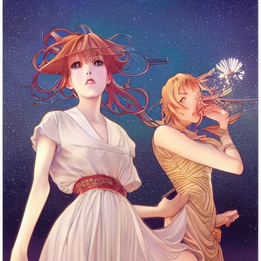 Image similar to two beautiful girls watching fireworks, digital art, by range murata, akiyuki shinbou, alphonse mucha, masamune shirow, josan gonzales, highly detailed, realistic, cinematic