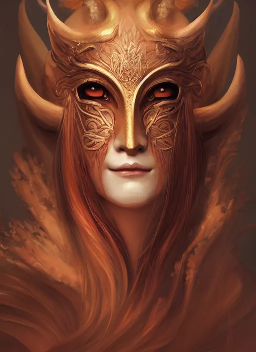 Image similar to a beautiful detailed oil on copper art illustration of a japanese kitsune mask devil beautiful woman, centered, by charlie bowater, zeng fanzh, trending on artstation, dim dusk lighting, cinematic lighting, detailed lighting, volumetric lighting, realistic, f 8, 4 k hd wallpaper