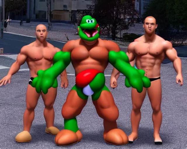 Prompt: yoshi mosh pit, muscular yoshi, yoshi gigachad clones