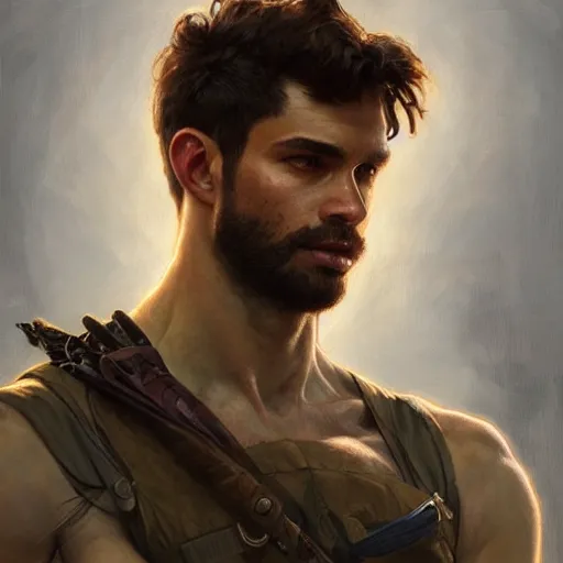 Image similar to portrait of rugged young male ranger muscular fantasy intricate elegant headshot portrait detailed face coherent face highly detailed digital painting artstation concept art smooth sharp focus illustration art by artgerm and greg rutkowski and alphonse mucha