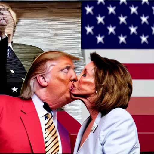 Image similar to donald trump kissing nancy pelosi with tongue, american flag behind