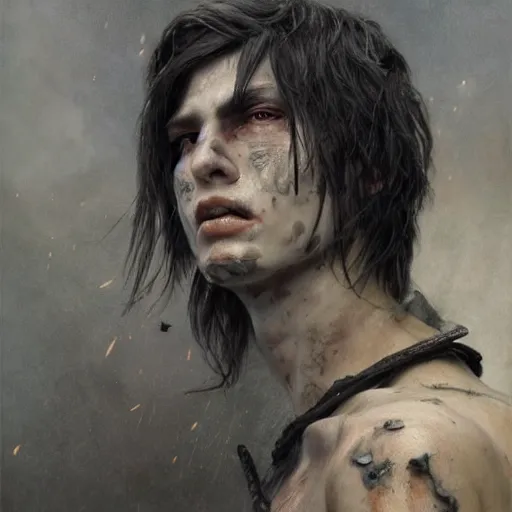 Prompt: portrait painting of a bitter young man with severe burn scars on his cheek and uneven very short hair wearing tattered leather armor, ultra realistic, concept art, intricate details, eerie, highly detailed, photorealistic, octane render, 8 k, unreal engine. art by artgerm and greg rutkowski and charlie bowater and magali villeneuve and alphonse mucha