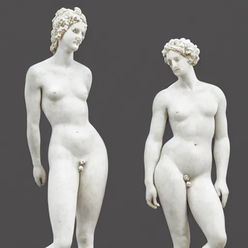 Prompt: sculpture of the beautiful venus and aphrodite looking at each other, full body, hyperrealistic style in carrara marble