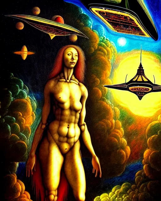 Image similar to an extremely detailed masterpiece painting of a beautiful pleiadian extraterrestrial female and spaceship technology in background, in the style of albrecht durer, digital art, epic scene, extremely moody lighting, glowing light and shadow, atmospheric, shadowy