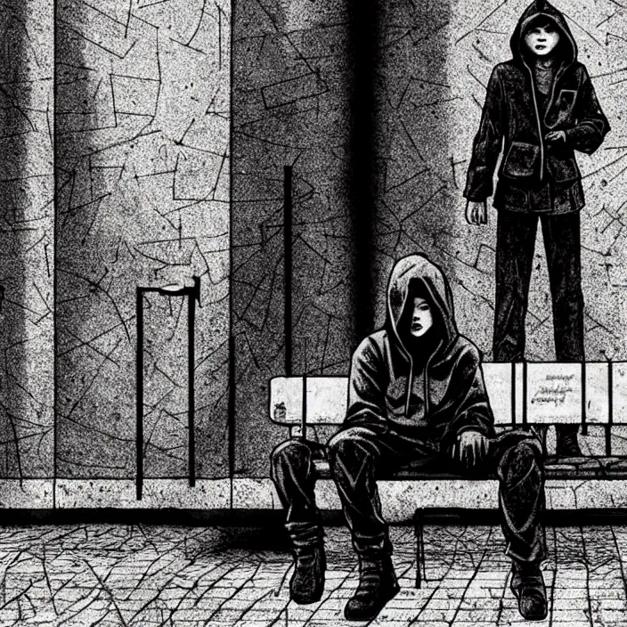 Prompt: storyboard : sadie sink in hoodie sits on bench in ruined square, pedestrians walk by, soviet monument and propaganda posters. scifi cyberpunk. by gabriel hardman. cinematic atmosphere, detailed and intricate, perfect anatomy