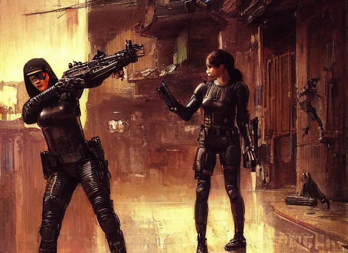 Prompt: sophia evades sgt griggs. Cyberpunk hitwoman escaping Cyberpunk police troopers in combat gear. (police state, Cyberpunk 2077, blade runner 2049, rainy city). Iranian orientalist portrait by john william waterhouse and Edwin Longsden Long and Theodore Ralli and Nasreddine Dinet, oil on canvas. Cinematic, Dramatic lighting.