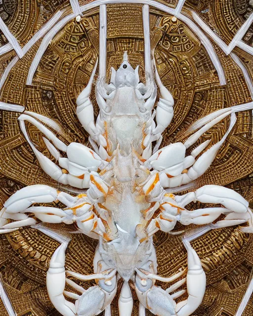 Image similar to symmetry, intracate white marble bas relief sculpture with gold wire inlay, thousands of crabs crabs spiders, snakes, highly detailed, intricately detailed, art nuevo, octane, 8 k, hdr, art by hr geiger and ridley scott, and alphonse mucha, trending on artstation