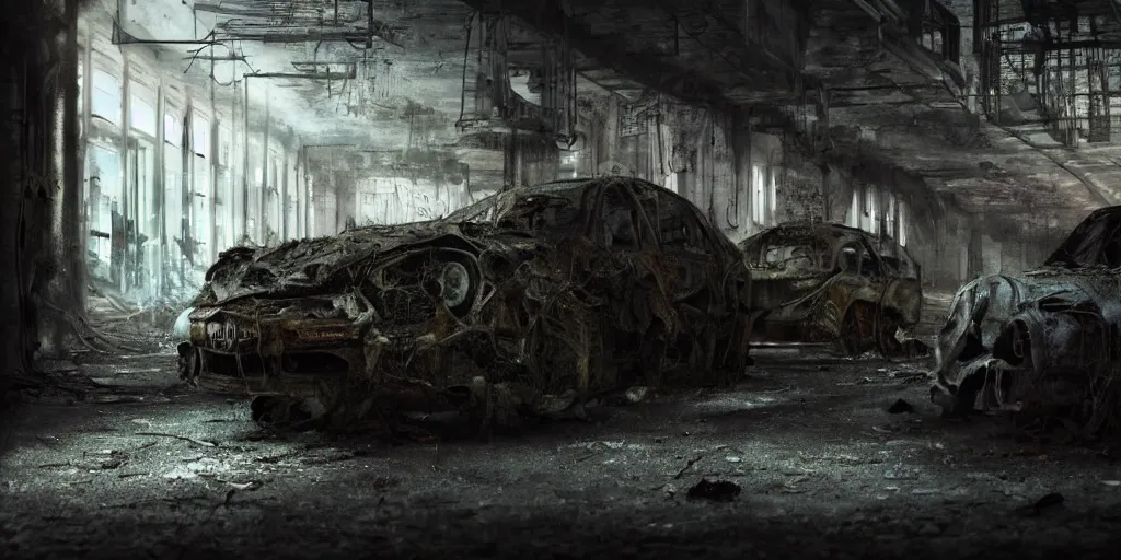 Image similar to close up of a car in an old industrial car factory, a ghostly figure is walking between the broken cars, everything is rusted and broken and covered in moss, night time low light, spooky and scary atmosphere, artstation,