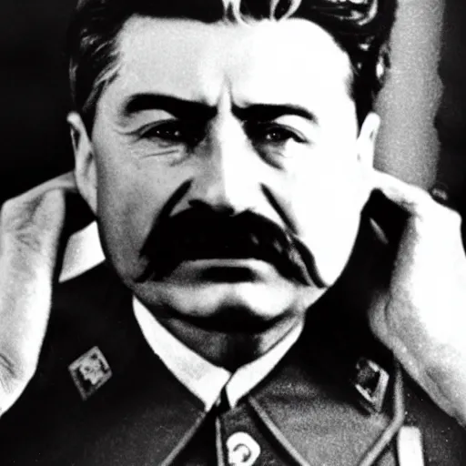 Image similar to close up photo of joseph stalin standing on his knees, crying so bad, and asking for forgiveness from hundreds of thousands of people